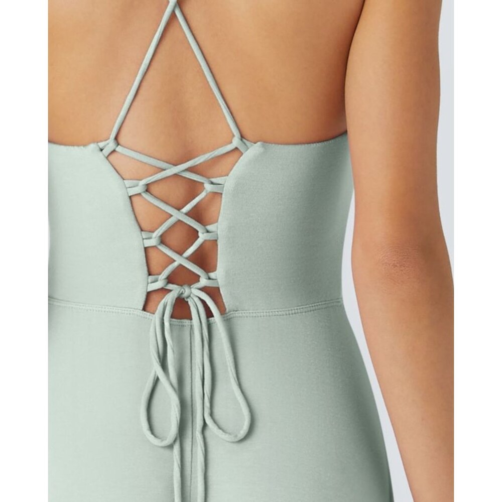 Halara Ribbed Cowl Neck Backless Crisscross Lace Up Split Midi Party Dress Sz Me - Picture 4 of 14